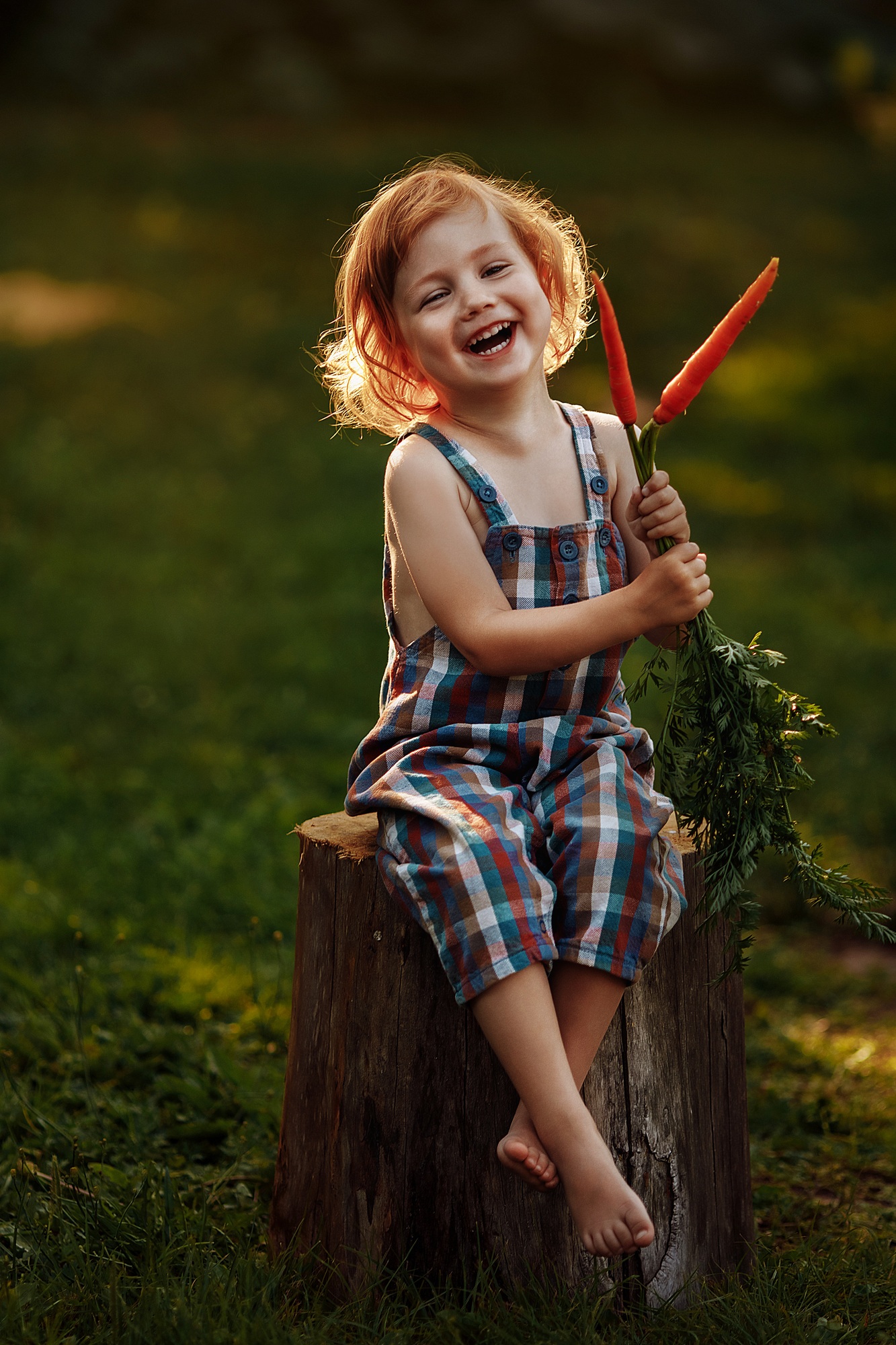 A little girl sits on a wooden stump with carrots.